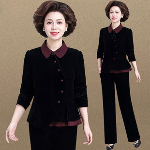 中老年妈妈秋季金丝绒运动服休闲外套女贵夫人洋气上衣服两件套装