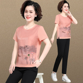 妈妈夏装 棉麻小衫 短袖 中老年女装 运动服阔太太高贵休闲两件套装 薄