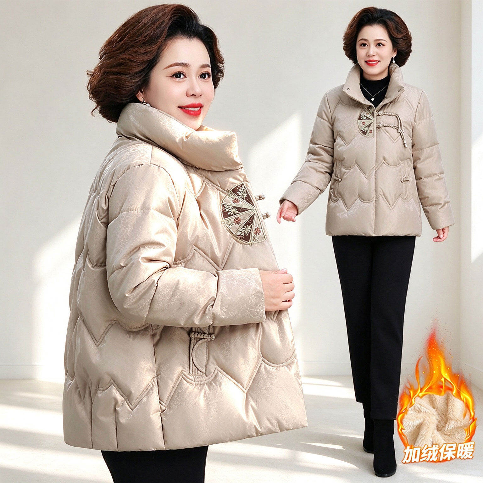 妈妈装冬季羽绒棉服女大码加绒加厚棉袄中老年洋气质棉衣保暖外套