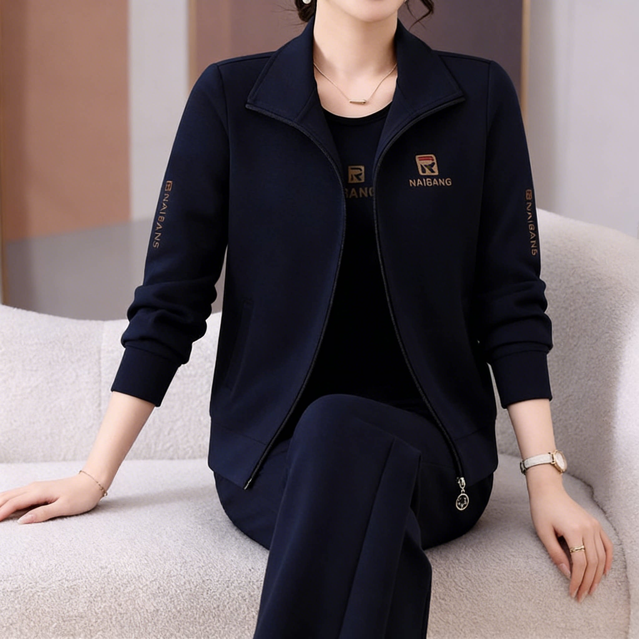 2026春季女士休闲服运动套装立领拉链外套三件套宽松中老年妈妈装