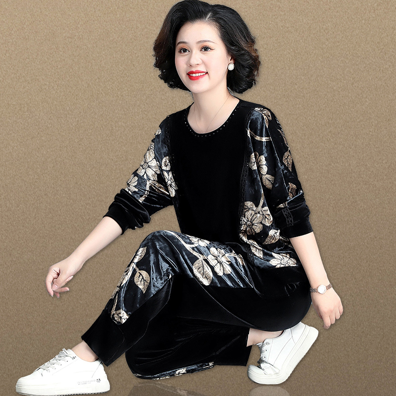 中老年妈妈秋装金丝绒运动服休闲套装春秋中年妇女印花卫衣两件套