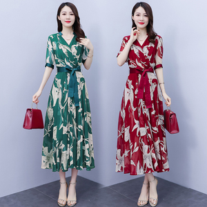 RY1846#中袖拼接高腰长裙V领撞色印花大摆雪纺气质连