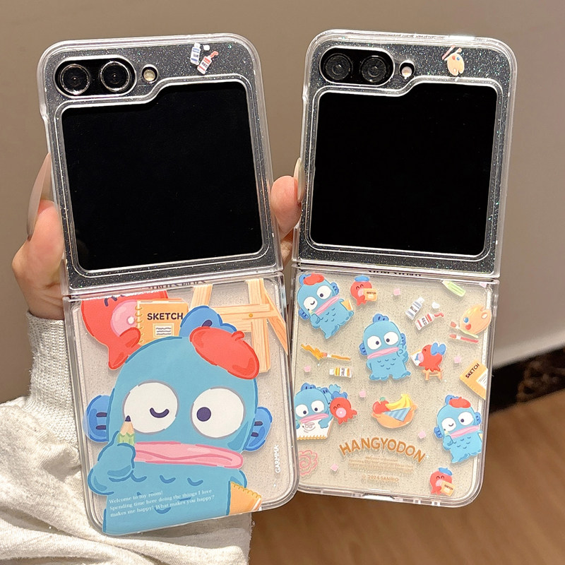 适用于zflip6代三星zflip7手机壳zflip5上下折叠屏透明保护套滴胶闪粉人鱼汉顿丑鱼章鱼卡通可爱少女ins风