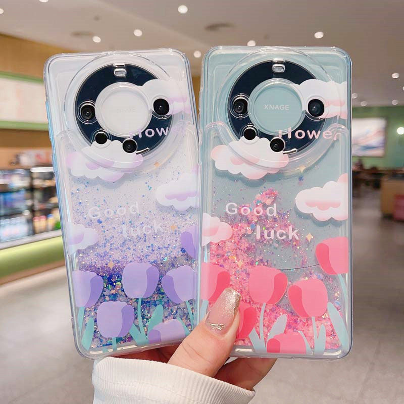 适用华为mate60手机壳mate60pro透明流沙mate50液体mate40防摔保护套夜光郁金香小花朵少女ins风文艺简约个性