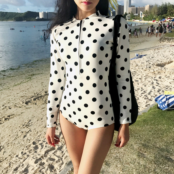 黑白波点防嗮高领拉链潜水服泳装