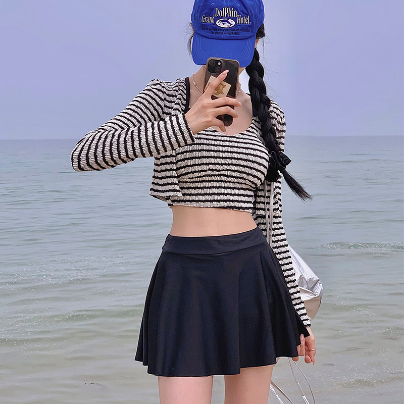 泳衣女条纹分体比基尼三件套高腰