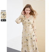 法式 三彩2024秋季 新款 优雅蝴蝶提花雪纺连衣裙高腰长裙清冷女M