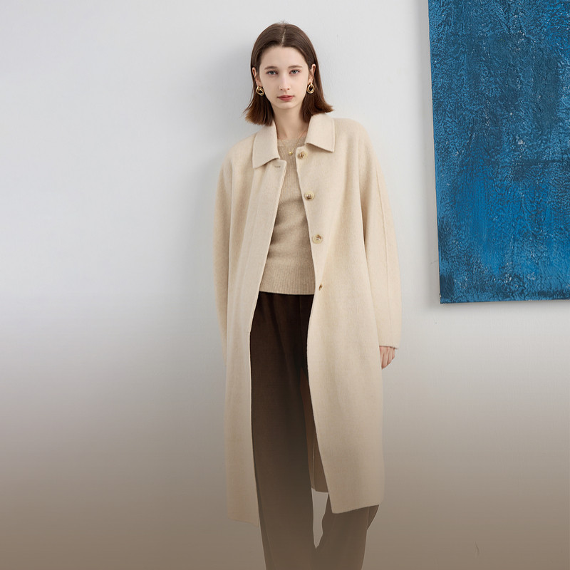 三彩2024冬季新款翻领宽松长款绵羊毛双面呢大衣毛呢外套女M
