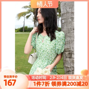 新款 纯棉盐缩碎花印花连衣裙V领珍珠中长裙肌理感 三彩2022夏季