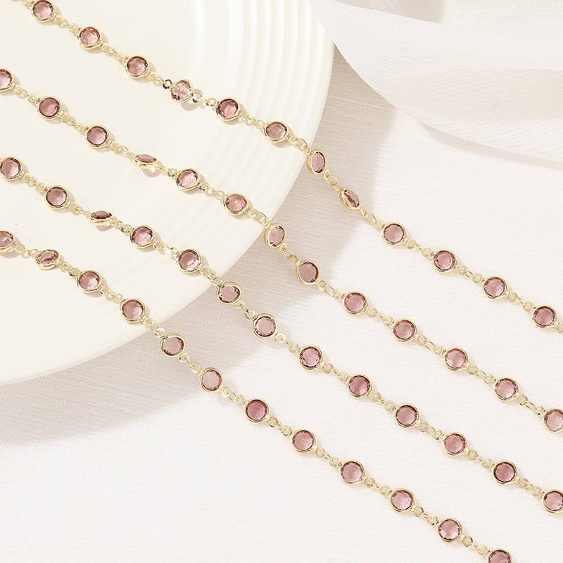 14K GOLD-FILLED COLOR-PRESERVING ROUND PINK AMETHYST BEADS CHAIN ACCESSORIES HANDMADE DIY NECKLACE MATERIAL BRACELET JEWELRY LOOSE CHAIN