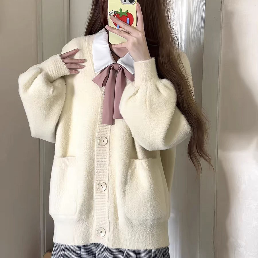 毛茸茸毛衣开衫仿貂绒针织不起球毛衣外套女小个子秋冬宽松慵懒风