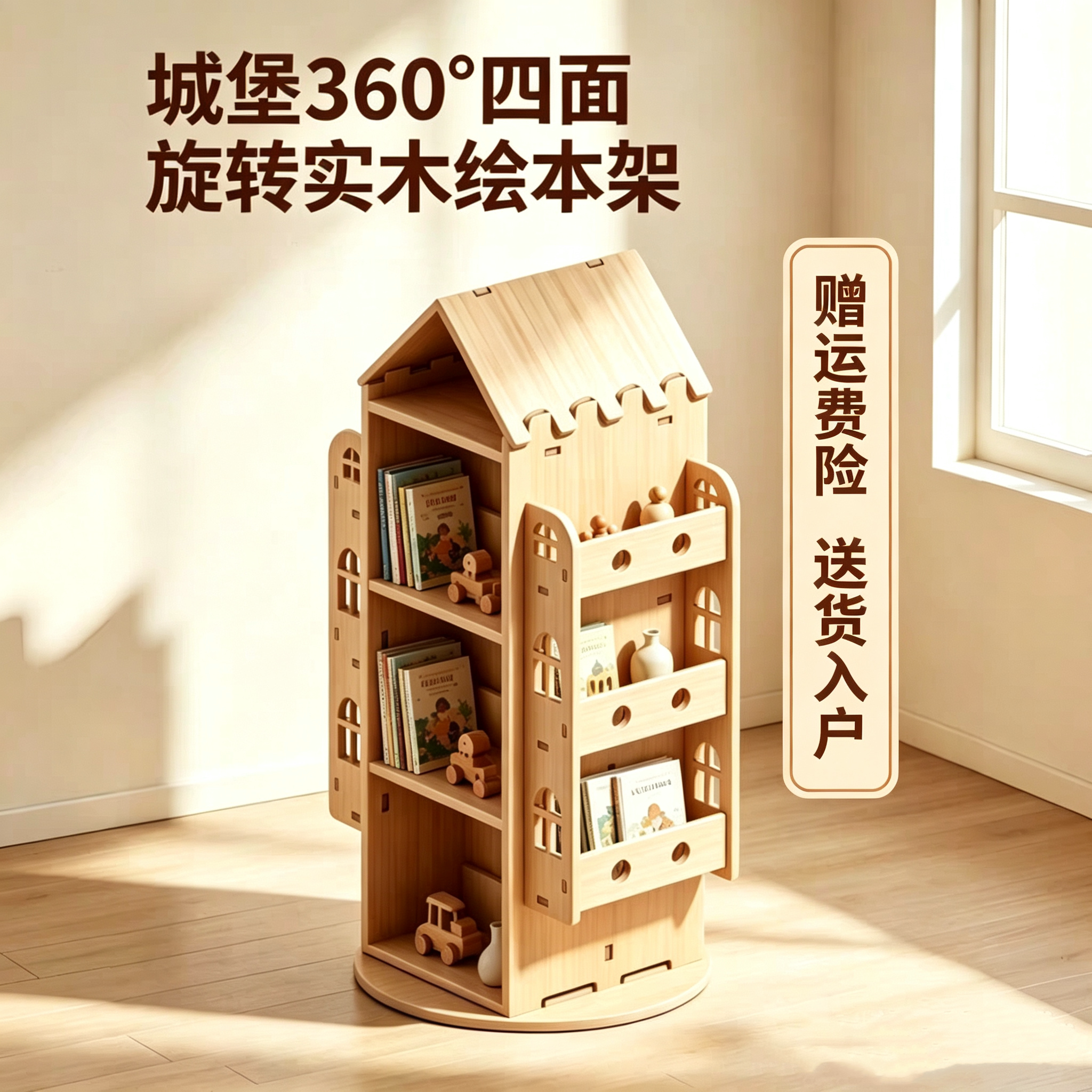 实木旋转书架360度落地多层儿童绘本架房子造型大容量收纳置物架