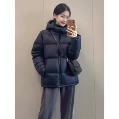 黑色东北哈尔滨羽绒服短款女情侣款2024冬新款连帽面包服加厚免洗