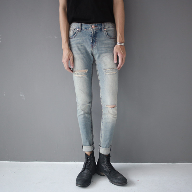 GD权志龙同款手工破洞牛仔裤潮男时尚青少年浅色中腰弹力小脚裤子在类目 男装, 牛仔裤中 - 来自Buy2taobao.com提供专业的淘宝代购服务