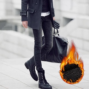 加绒裤 长裤 男生韩版 男加厚显高弹力修身 子 紧身雪花小脚牛仔裤 冬季