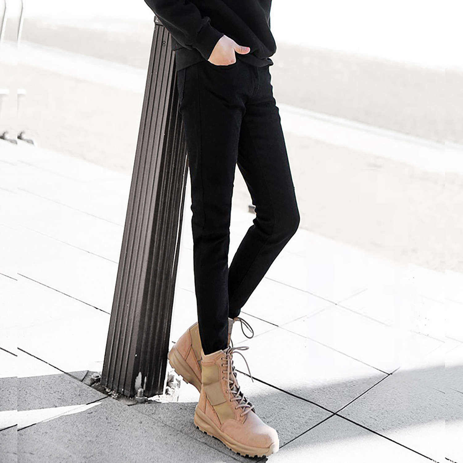 冬款加厚加绒黑色紧身牛仔裤裤男高弹力显瘦小脚裤子修身百搭长裤