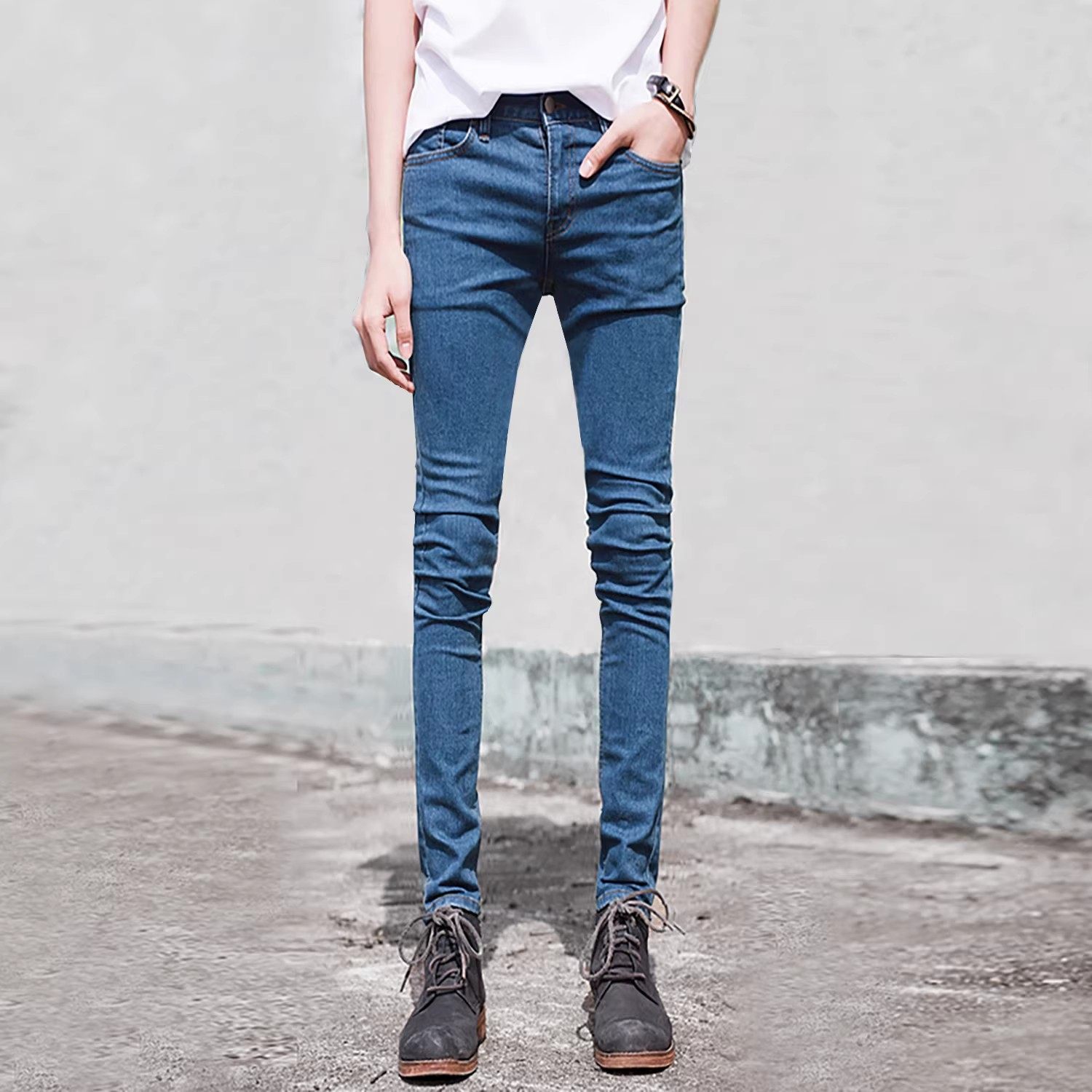 高端高弹力复古水洗蓝色男士牛仔裤修身显瘦小脚裤简约休闲紧身裤