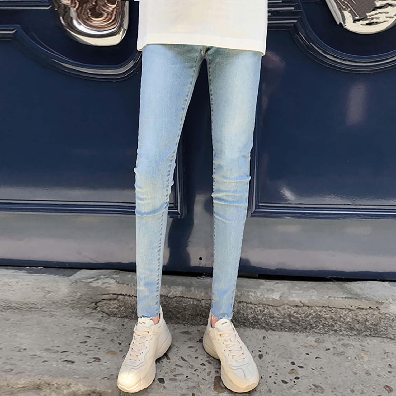 浅蓝色小清新分百搭毛边牛仔裤