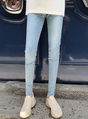 高弹力浅蓝色男生小清新九分裤男百搭潮流9分牛仔裤修身slp小脚裤
