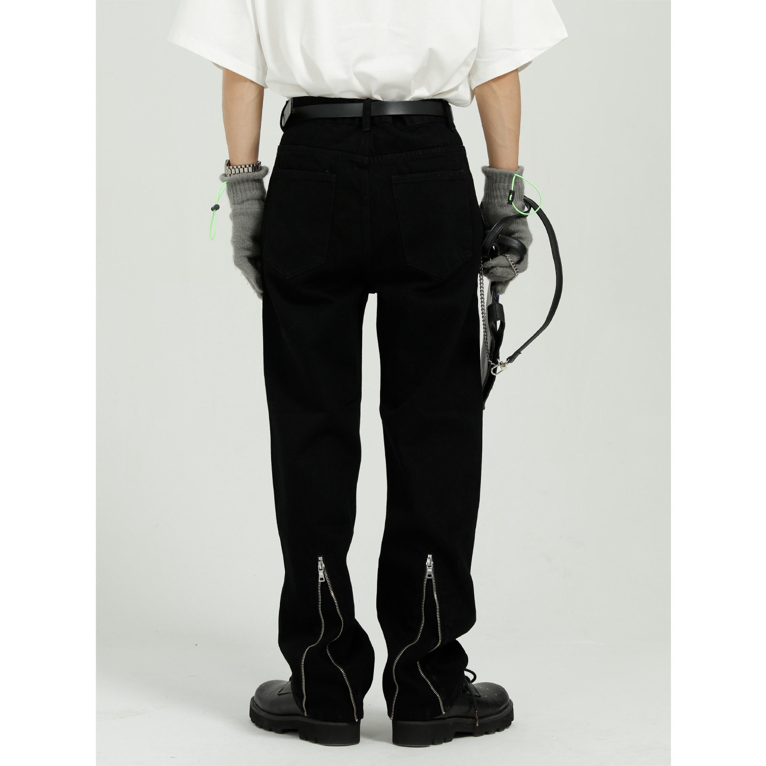 严浩翔同款裤子后面有拉链男韩版直筒裤个性宽松潮流休闲牛仔裤男