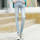 浅蓝色牛仔裤 青少年显瘦弹力铅笔裤 男修身 冬季 型小脚裤 韩版 男长裤