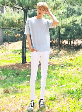 不透肉高品质白色修身小脚裤男SLP高弹力九分牛仔裤男潮流9分裤子