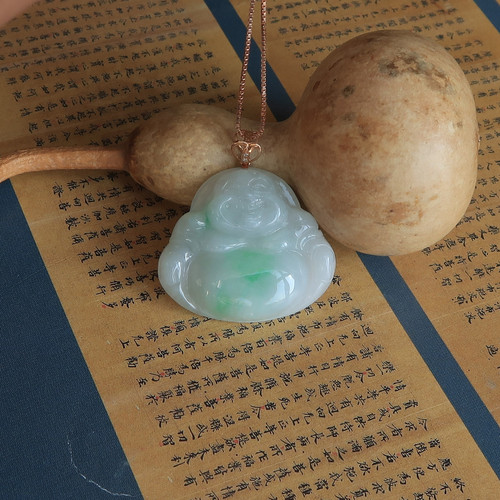 {明月伴我心}隆和斋珍藏缅甸老坑18K金镶嵌飘阳绿翡翠佛公吊坠 - 封面