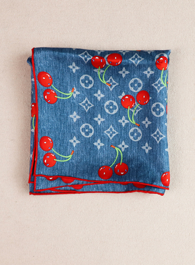 樱桃牛仔蓝 经典老花奢潮俏皮18姆米斜纹真丝丝巾桑蚕丝90大方巾