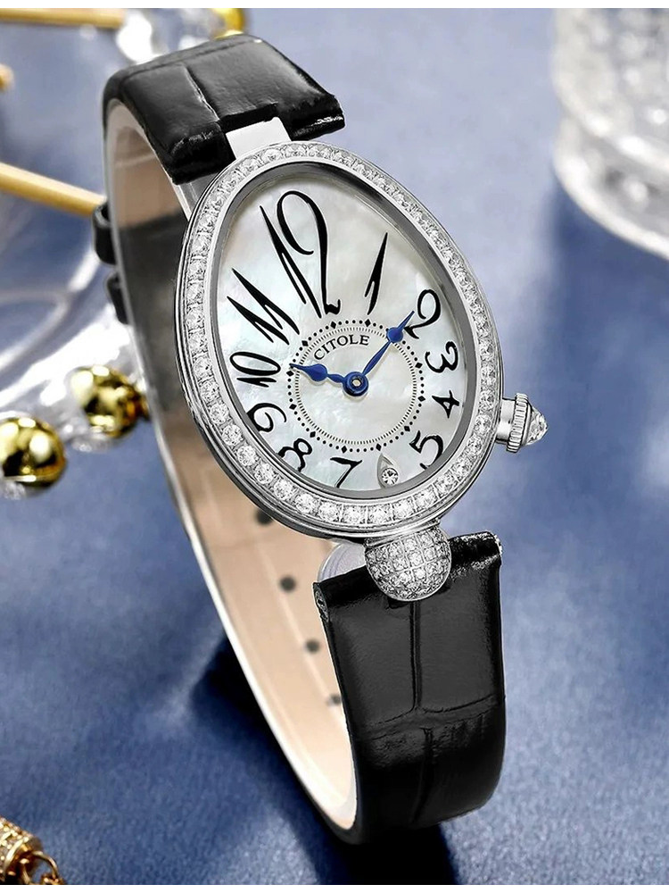 西腾CITOLE石英手表女带水钻简约时尚复古潮流椭圆真皮表带新款薄