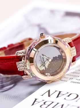 MELISSA玛丽莎小巧带钻精致女表玫瑰金满钻彩色皮带气质手表红色