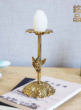 法式复古高级黄铜材质手工打造家居装饰金色雕花天使摆件浪漫烛台