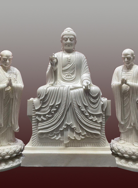 天然汉白玉整料雕刻一佛二弟子