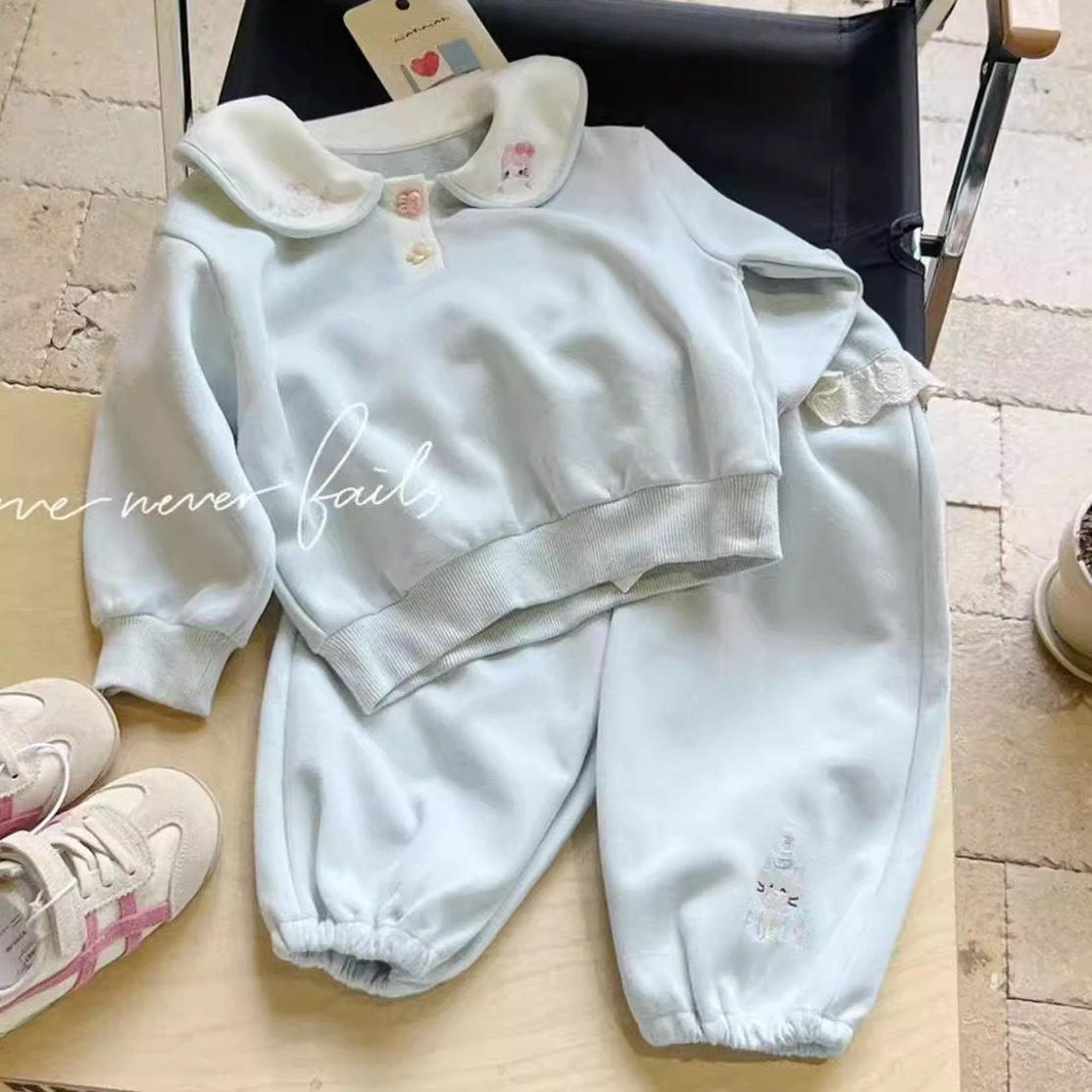 秋季新款女童韩版卡通蓝色翻领卫衣套装可爱兔耳朵休闲两件套长袖