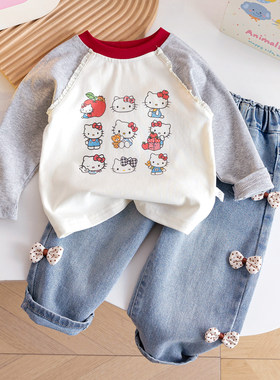 女童春季可爱长袖T恤撞色卡通满印Hello Kitty蝴蝶结拼接打底衫新