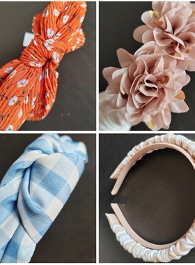 外贸出口欧美原单粉色花朵橙色碎花蓝白格子卡其条纹头饰发夹发箍