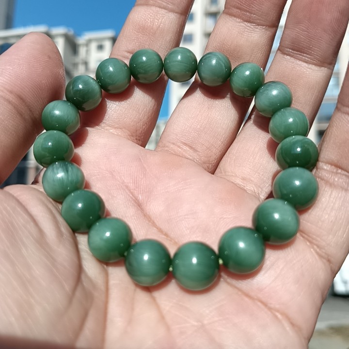 彩云轩精品玉器30.2克和田玉碧玉冰底蓝猫眼圆珠手链手串