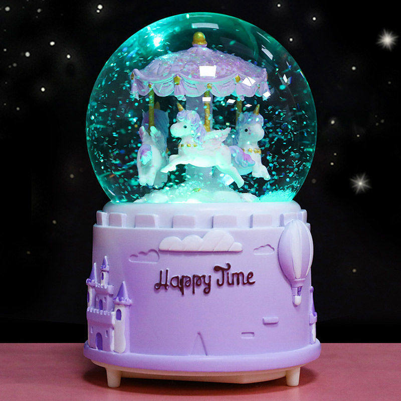 创意旋转木马公主发光飘雪水晶球女孩音乐盒八音盒儿童女生日礼物