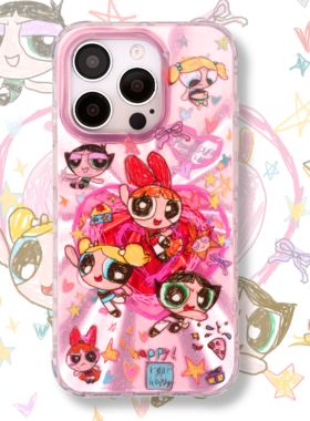 【支持17】星期天家飞天小女警手绘简单艺术双层镭射闪粉可爱卡通IMD情侣iPhone16ProM苹果15华为p70mate60