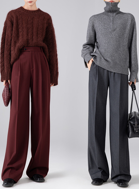 安可拉红羊毛西装裤女长裤秋冬新款高腰直筒裤垂感格雷系灰阔腿裤