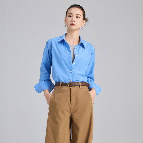 曼依拉蓝色春夏宽松长袖衬衫女