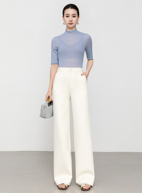 四面弹莫代尔云朵感针织直筒裤女2026春季新款空气层白色阔腿长裤