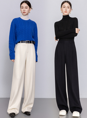 曼依拉醋酸羊毛呢阔腿裤女长裤2025秋冬新款加厚直筒裤白色糯米裤