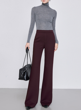 四面弹超模神裤针织羊毛松紧腰微喇裤女秋季人字纹显瘦喇叭长裤子