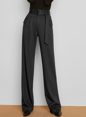 显瘦条纹毛料阔腿裤女垂感秋冬高腰长裤子羊毛呢休闲西装裤直筒裤