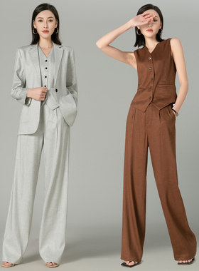 清仓曼依拉羊毛亚麻西装马甲阔腿裤三件套女宽松西服外套长裤套装