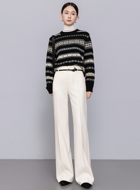 高级感超模神裤蚕丝羊毛呢直筒微喇裤女2025秋冬白色提花喇叭裤厚