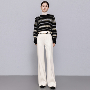 厚 女2025秋冬白色提花喇叭裤 高级感超模神裤 蚕丝羊毛呢直筒微喇裤