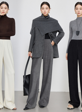 曼依拉雪尼尔灯芯绒空气裤女2025秋冬白色松紧腰垂坠感条绒直筒裤