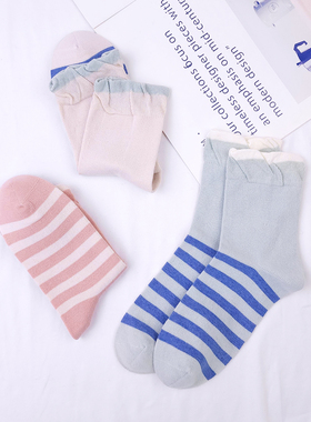 棉元素女袜子女士棉质中筒袜甜美可爱秋季条纹日系款袜女F20098