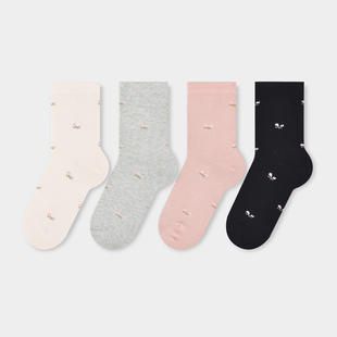素女士小花提花中筒袜舒适棉质多色可爱风袜子T20552 棉元